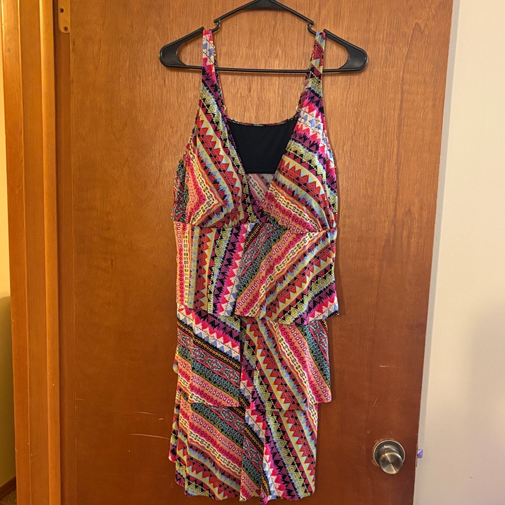 Multicolor Geometric One-Piece Swimsuit with Flounce